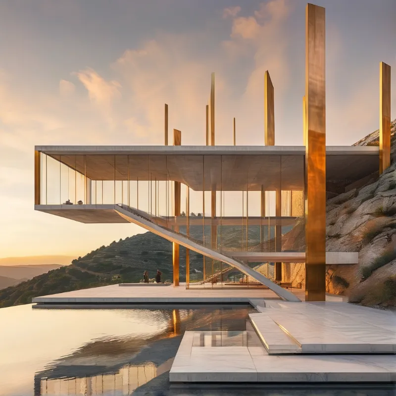 A sleek glass pavilion with tall golden spires rests on a rocky hillside above a reflective pool in warm light.
