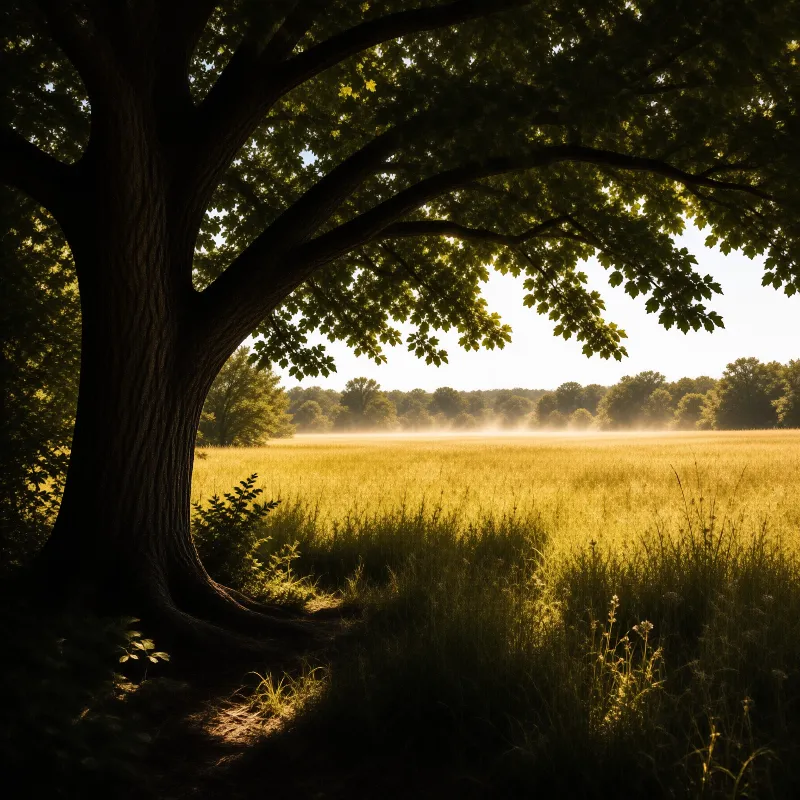 A large shadowed oak tree frames sunlight glowing across a misty meadow of tall golden grass stretching to a distant treeline.