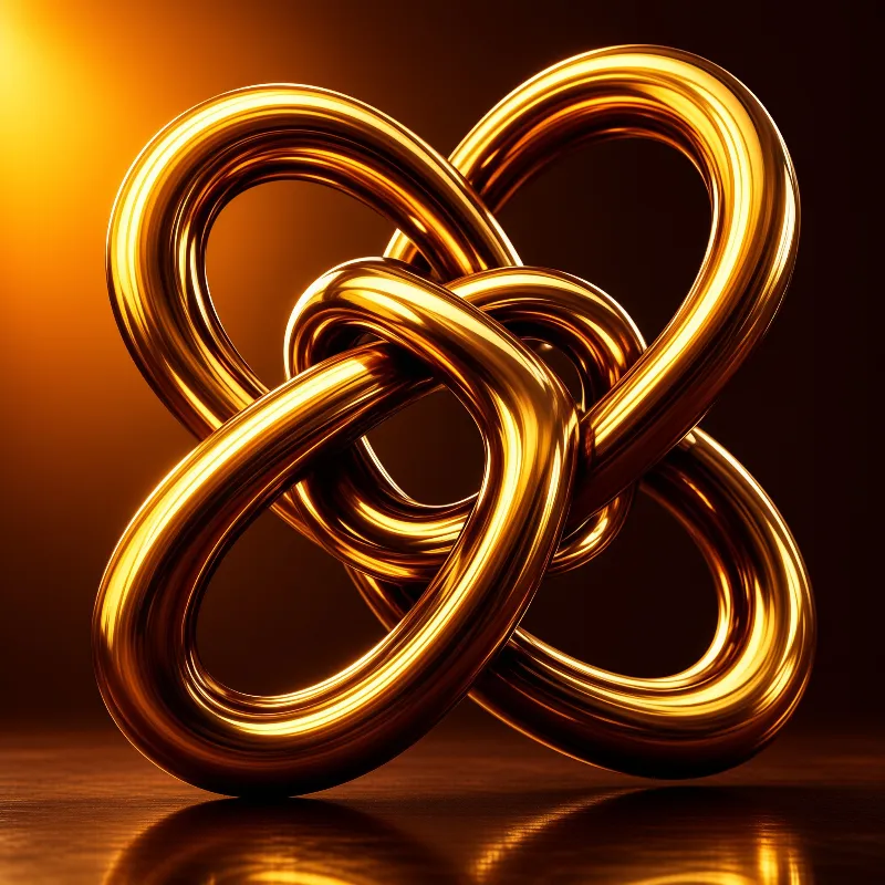 A polished golden knot of interlocking loops gleams against a warm amber gradient backdrop.
