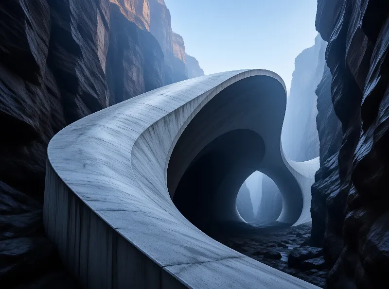 A smooth white architectural curve stands between dark jagged cliffs in a foggy valley.