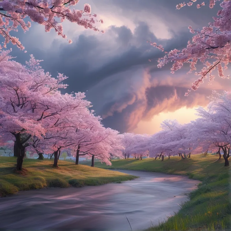 Cherry Blossom River Scene