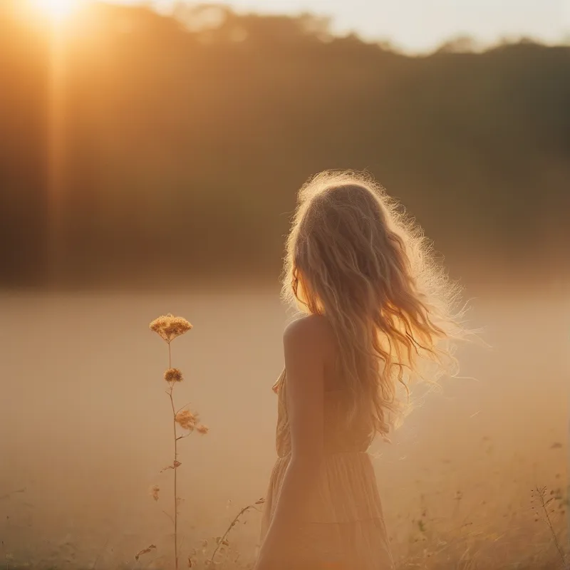 A woman with flowing blonde hair stands in a grassy field facing a bright golden sunset.