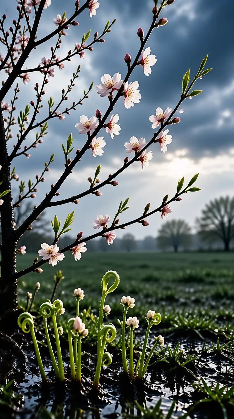 Pink and white blossoms on dark branches over wet soil with curled green fiddleheads and a cloudy sky