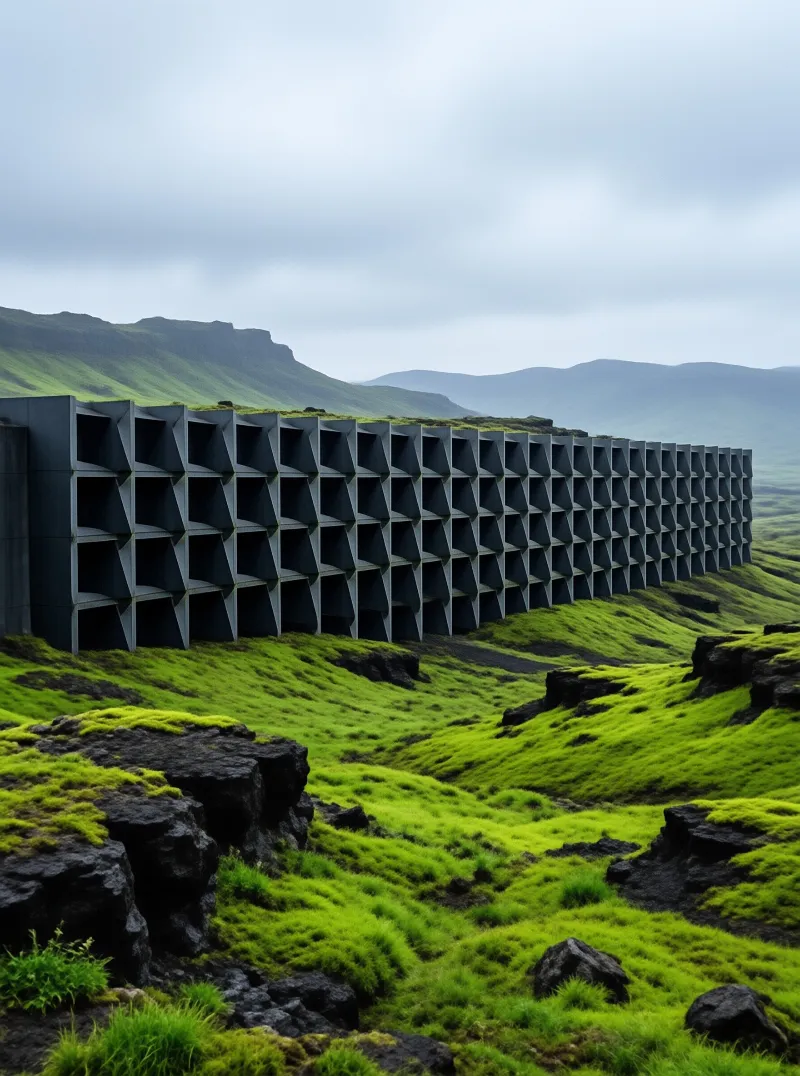 Rows of open concrete cells march across a green volcanic slope beneath a pale overcast sky.