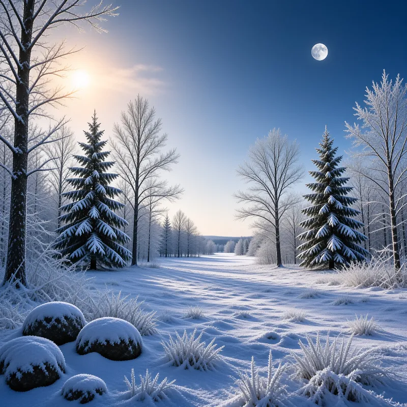 Frost coated evergreens frame a wide snowfield where low sunlight and a full moon share a clear blue winter sky.