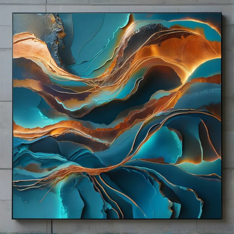 Thick ridged strokes of metallic copper curl across glossy teal paint in a framed abstract canvas.