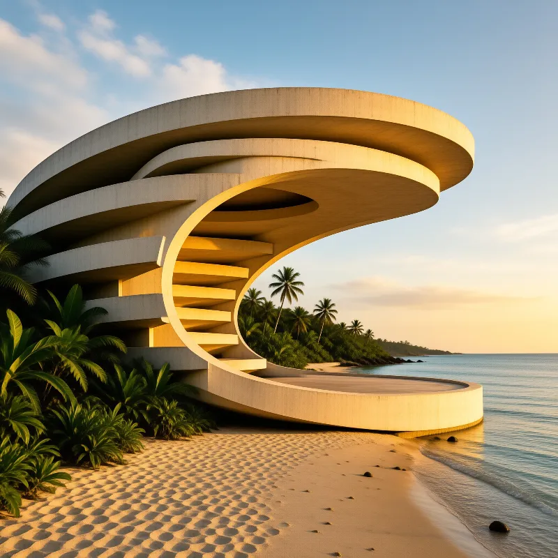 Curved white architecture with layered terraces overlooks a calm ocean and sandy beach during golden hour.