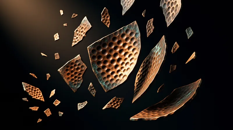 Fragmented sheets of dimpled copper and bronze drift across a dark void, catching warm light on their hammered surfaces.