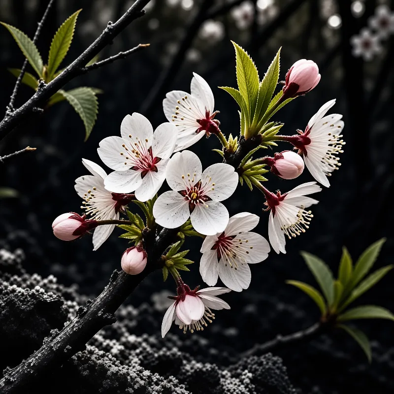 White plum flowers bloom on a dark branch with green leaves and pink buds