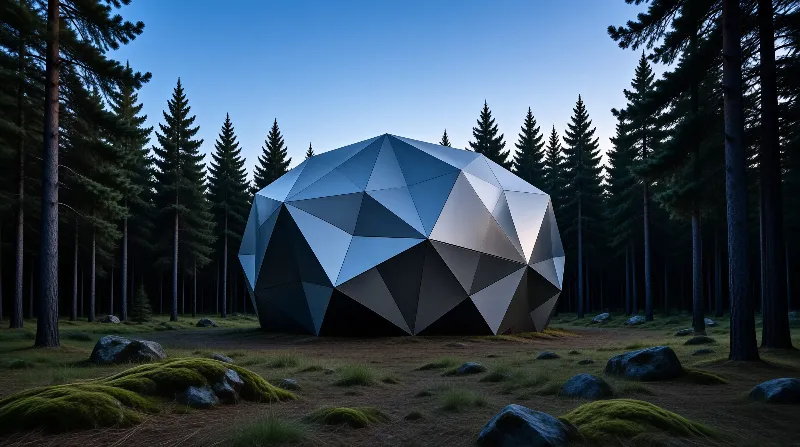 A large metallic geodesic dome stands centrally in a clearing surrounded by tall pine trees under a deep blue evening sky.