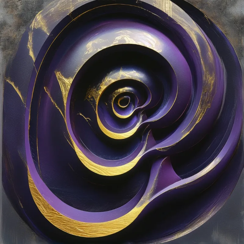 Concentric violet bands edged in gold leaf swirl inward toward a dark hollow center