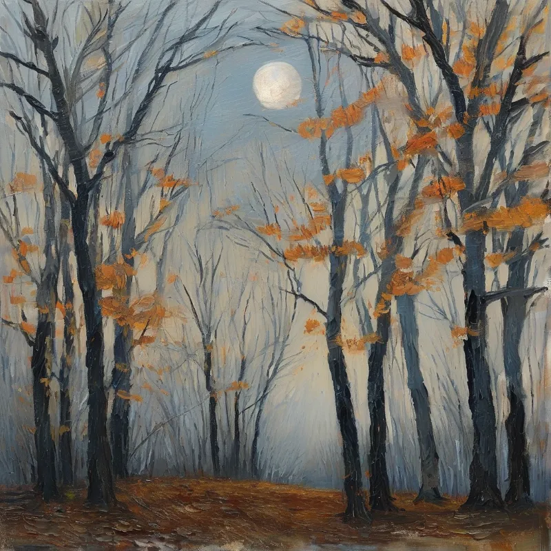 A painting shows tall bare trees with remaining orange foliage silhouetted against a pale blue sky with a bright white moon.