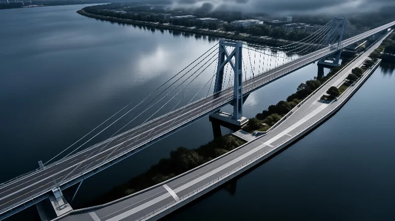 An aerial view of a pale steel suspension bridge crossing calm blue water beneath low mist and tree lined shores.