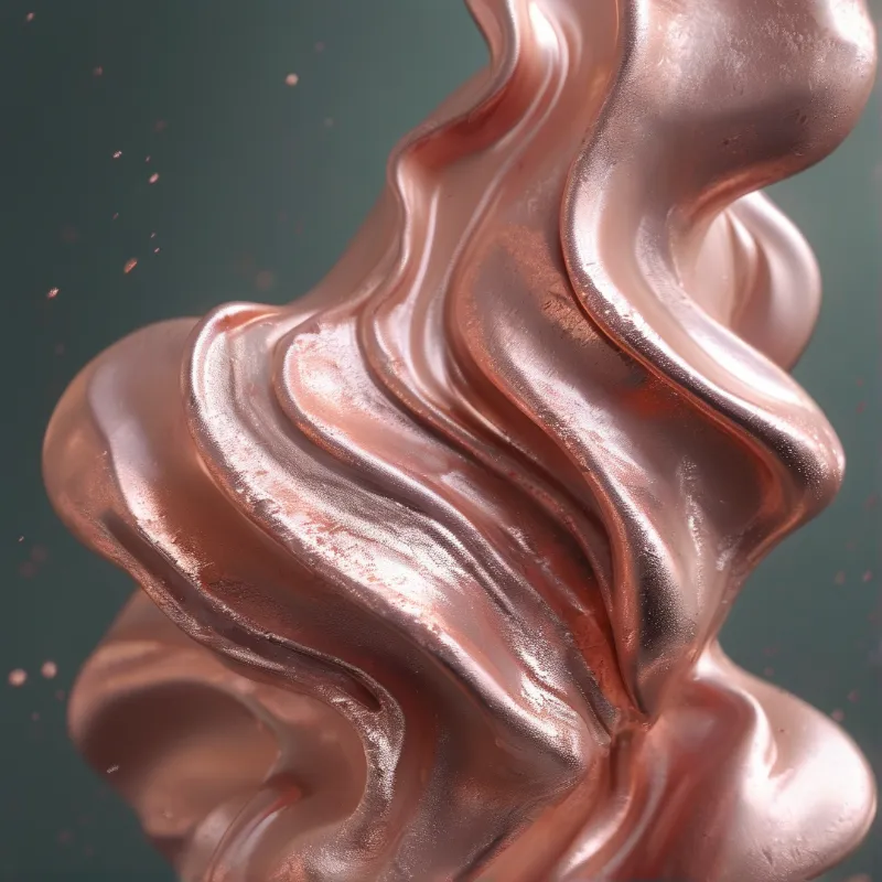A twisted form of shiny copper material floats against a muted green backdrop with small particles suspended in air.