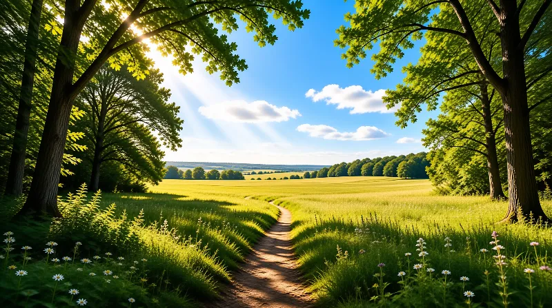 Sunlit Path in Green Field