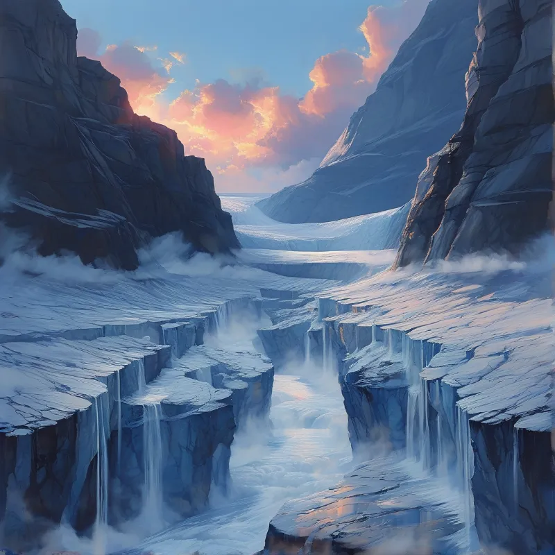 Terraced ice spills thin waterfalls into a misty gorge framed by dark cliffs and rose tinted clouds