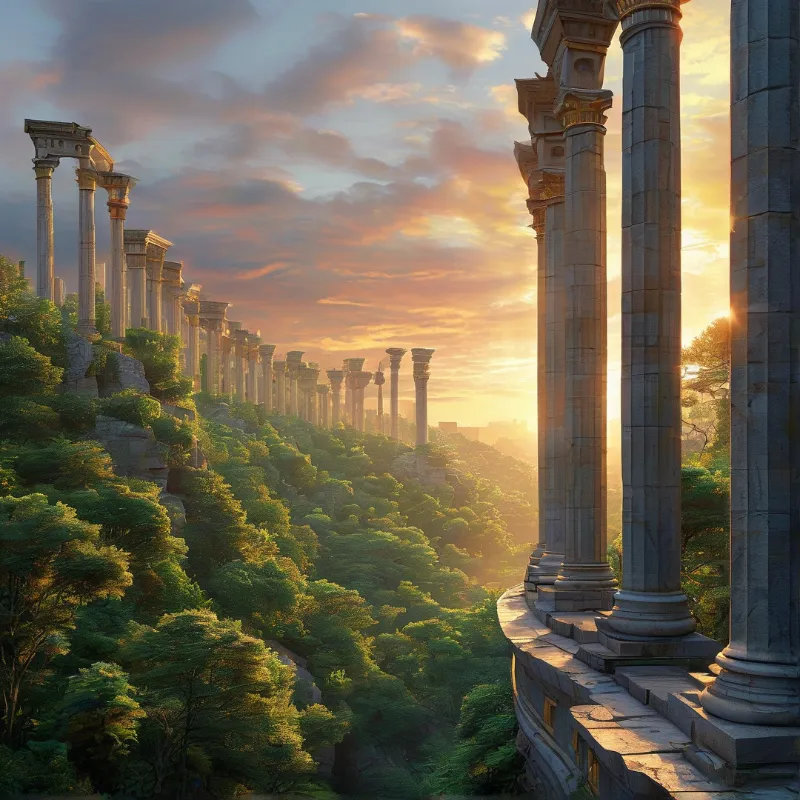 Sunlit Ancient Ruins Over Valley