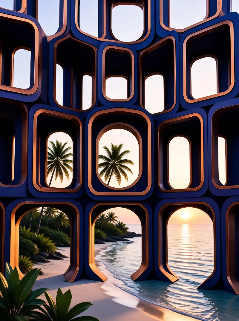 A blue modular structure with copper trim frames a beach scene featuring palm trees and a sunset reflecting on the ocean.