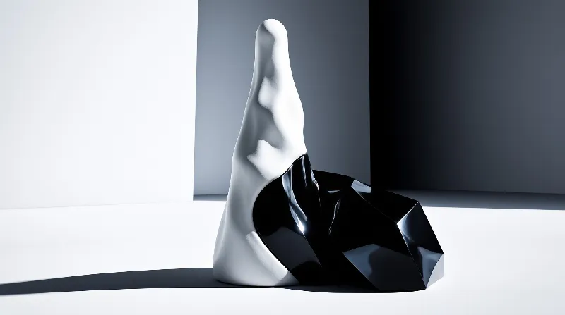 A tall white organic form merges with a low glossy black crystal shape on a white studio floor casting long shadows.