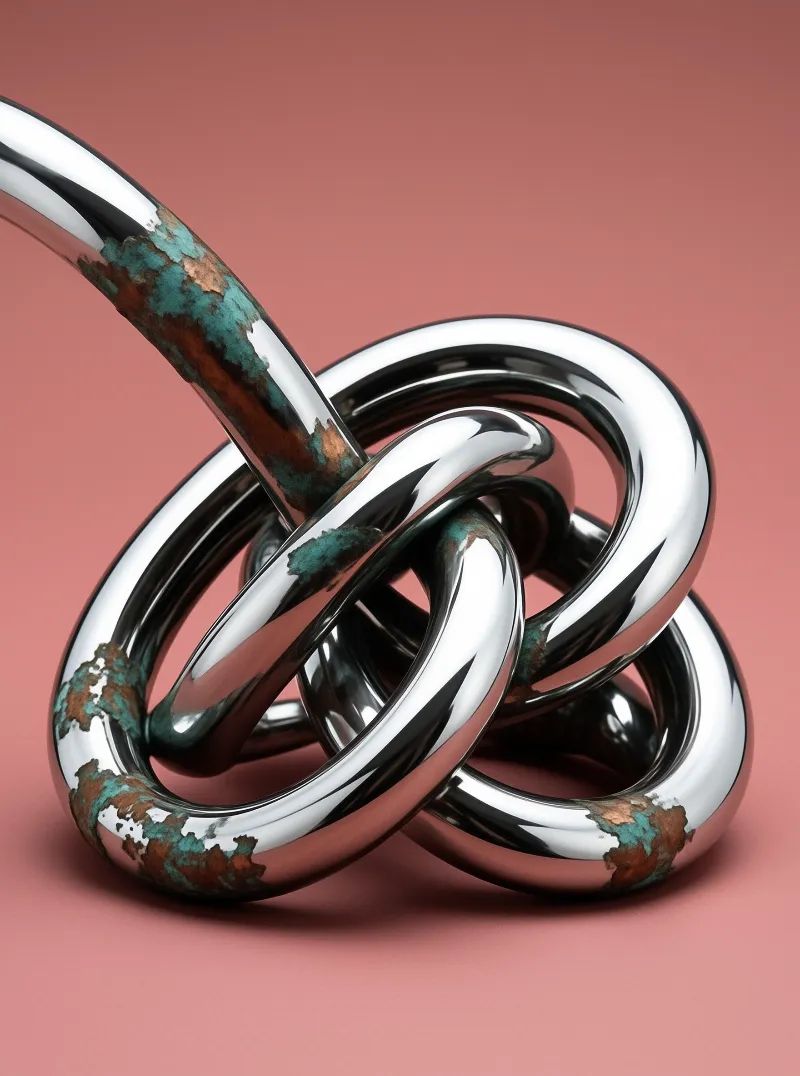 Polished interlocked chrome rings with blue rust sit on a flat rose pink surface under soft even lighting.