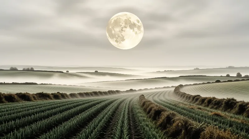 A bright full moon hangs above misty rolling fields carved with long rows of green crops