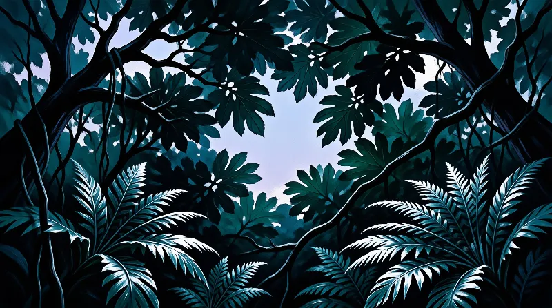 Stylised teal foliage and curling vines frame a patch of pale sky, painted in flat strokes of deep blue-green and silver.