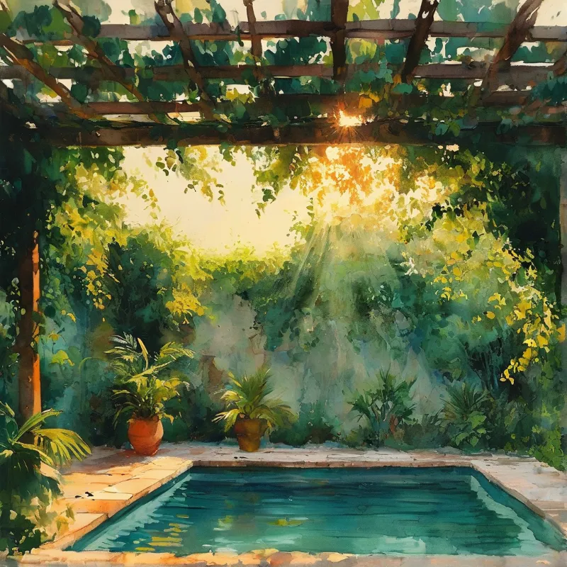Watercolor painting of a pool under a wooden pergola covered in vines with bright sunlight streaming through the structure.