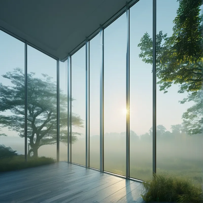 Tall vertical windows frame a misty landscape where the sun shines brightly through the trees onto a wooden floor.