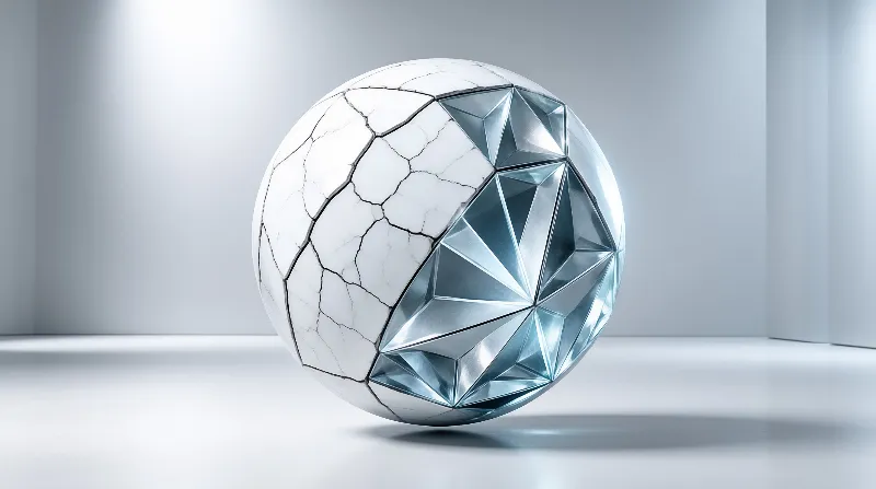 A spherical object with fractured white surfaces and blue geometric facets rests on a smooth grey floor.