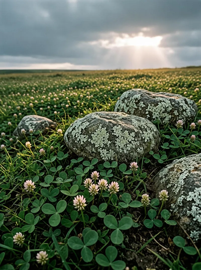 Clover plants with pink flowers grow among rocks covered in lichen, set against a sunlit field under a cloudy sky.