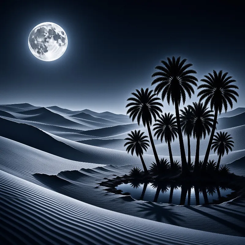 Silhouetted palm trees rise from a desert pool while a large luminous moon illuminates the rolling blue dunes.