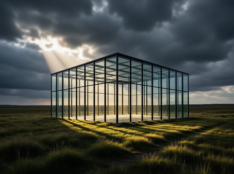 A transparent steel framed hall stands alone in tall grass while sunbeams break through heavy storm clouds behind it