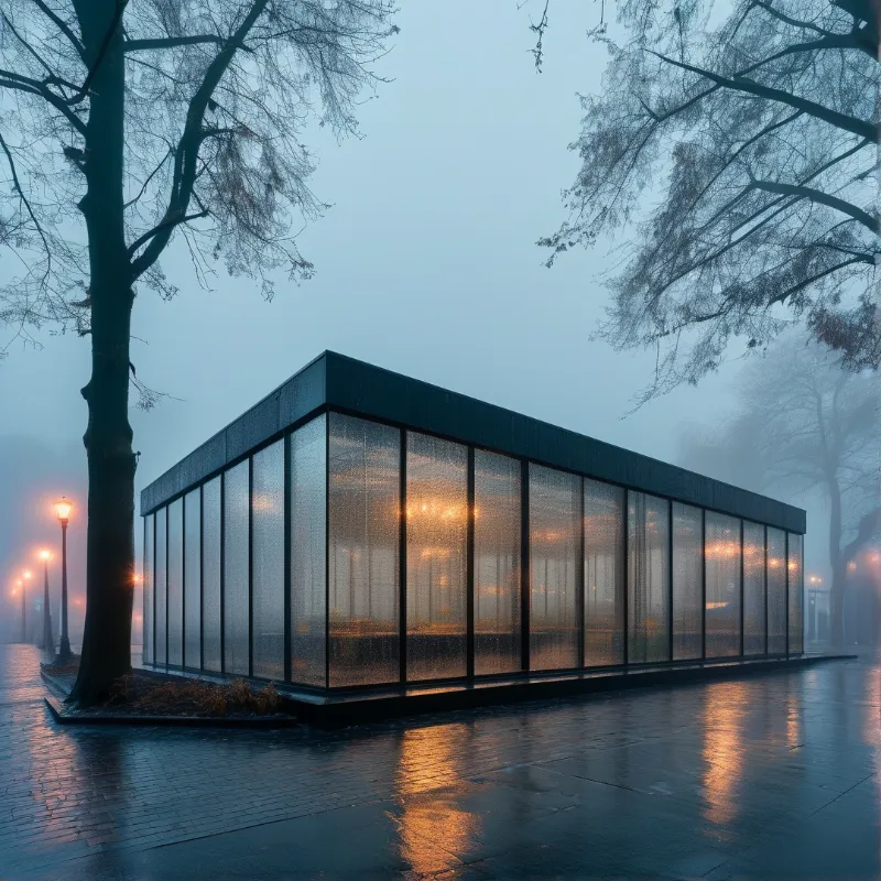Glass paneled pavilion sits on a rain slicked plaza in cool blue mist, warm glowing interior lights reflect on wet pavement