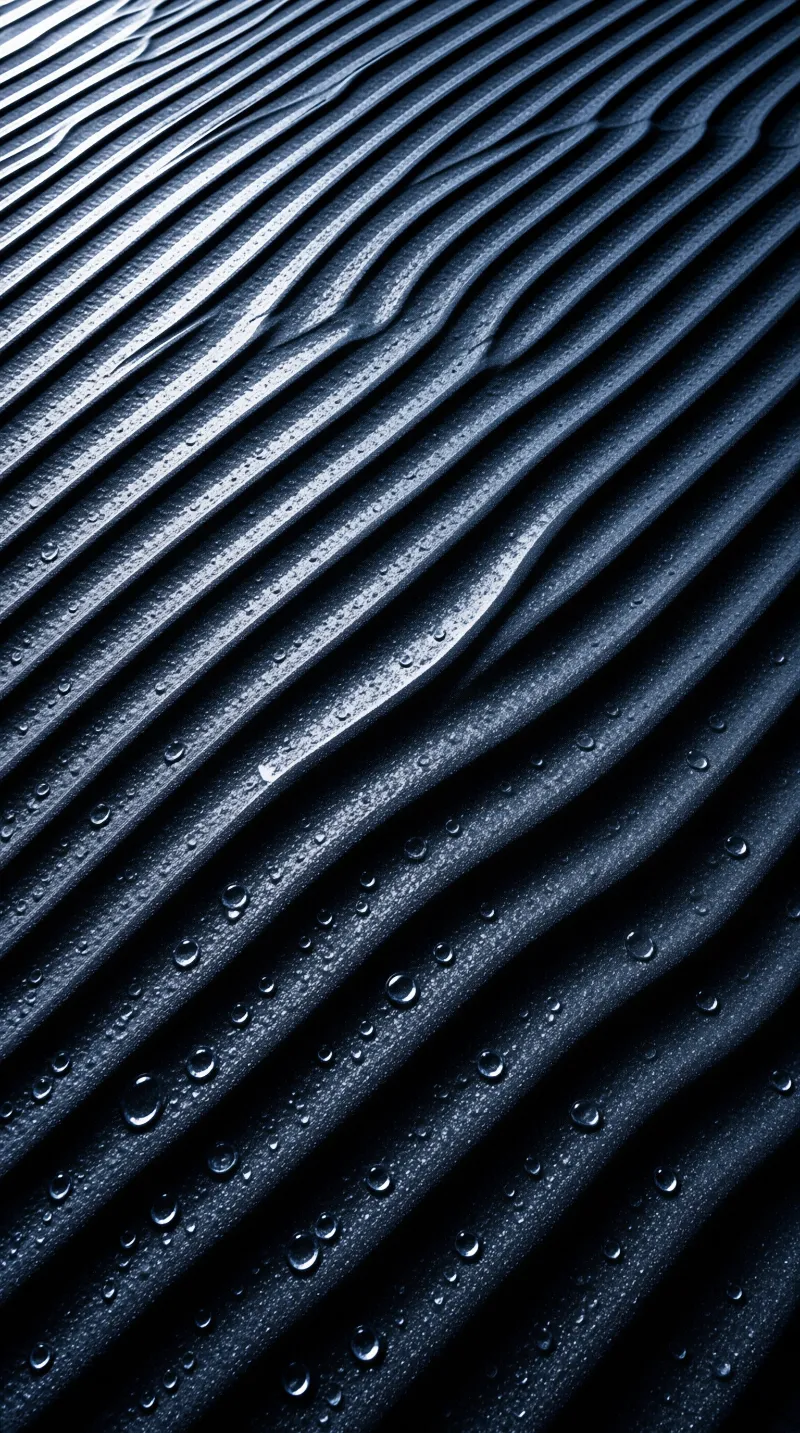 Close-up of dark wavy ridges covered in round water droplets with cool blue reflections