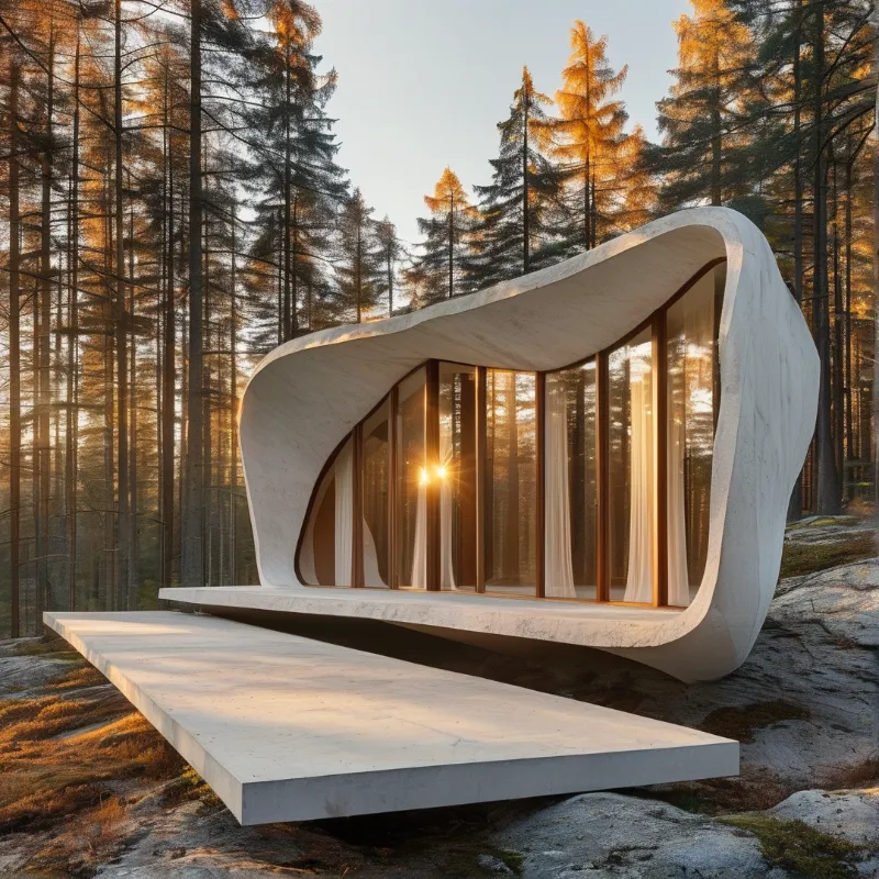 Sculptural white pavilion with floor to ceiling windows sits on rocks within a forest during golden hour.