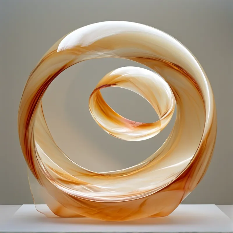 Translucent amber and white glass loops into a continuous spiral resting on a white pedestal.