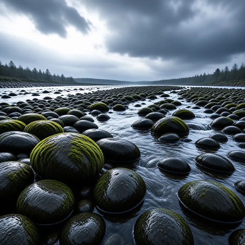 Smooth rocks covered in green algae sit in a flowing river with a cloudy sky.