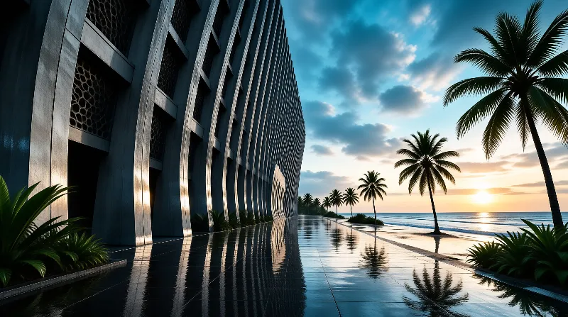 A futuristic concrete resort building stands next to a calm reflective pool and palm trees on a beach under a colorful sunset sky.