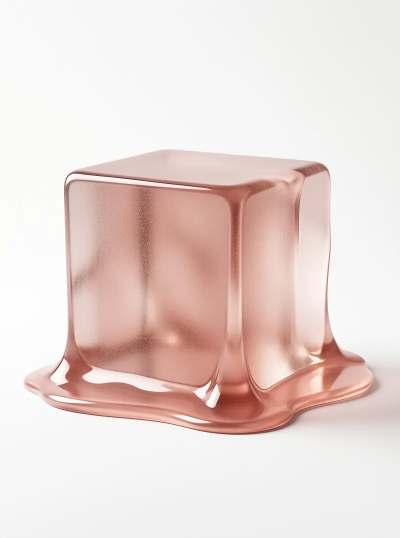A glossy metallic shape loses its form at the bottom, spreading onto a seamless white surface with soft studio lighting.