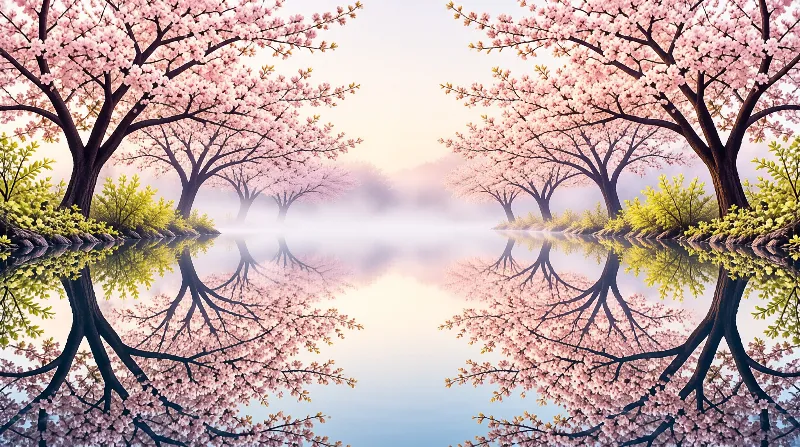 A serene landscape featuring vibrant pink cherry blossoms blooming on dark trees that line a quiet water channel. Soft morning fog drifts between the branches while the calm surface below creates a perfect mirror reflection of the canopy and surrounding greenery.