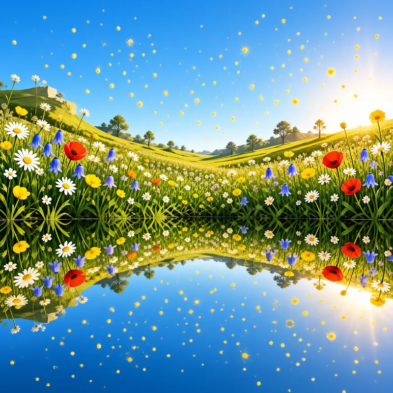 Colorful wildflowers border a calm pond reflecting green hills and a blue sky with floating golden particles.