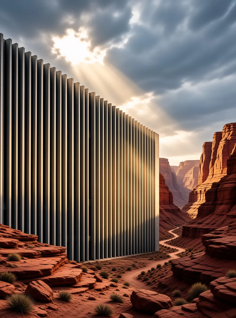 A slatted tower stands beside a winding road in a red desert canyon as sunlight breaks through dark clouds.