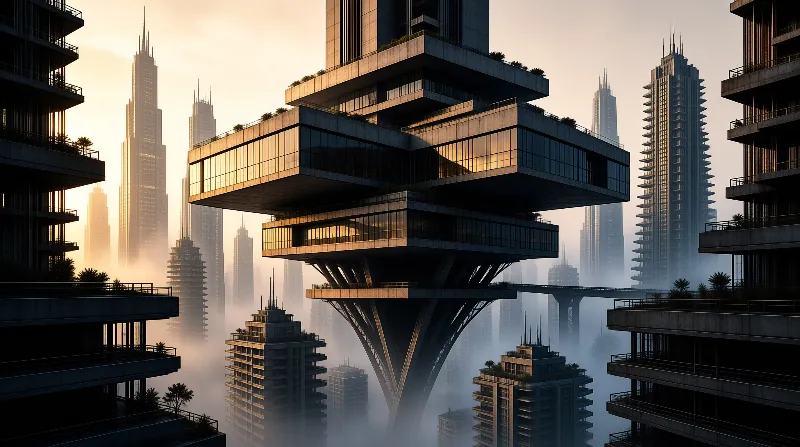 A massive concrete structure with stacked cantilevered floors rises above a foggy city where golden light hits the upper levels.