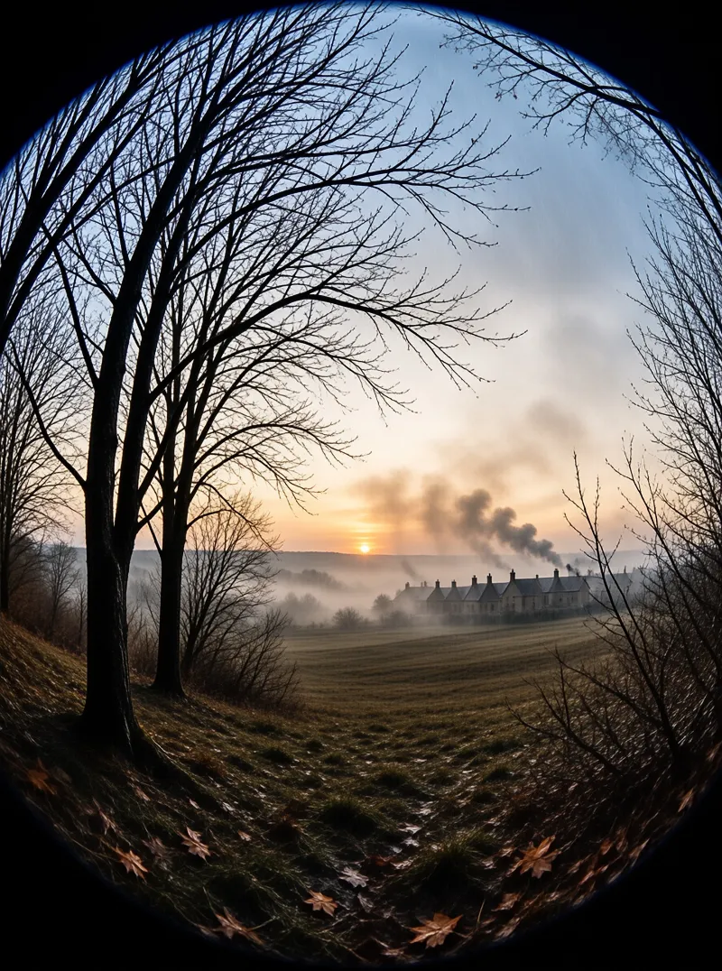 A row of houses emits dark smoke into the foggy air while the sun rises low over a grassy hillside framed by bare trees.