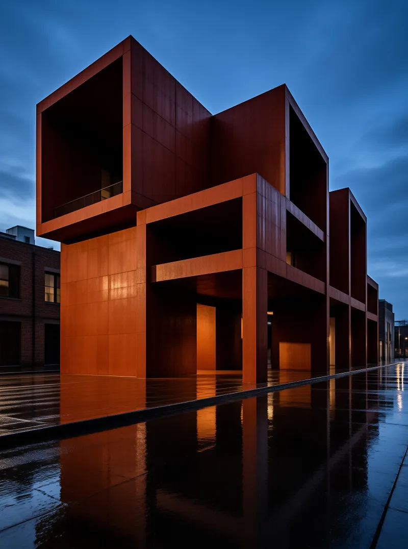 A rust geometric building stands on a wet street reflecting warm lights against a deep blue twilight sky.