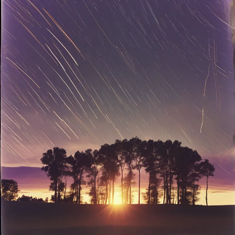 Diagonal star trails arc across a purple sky above a silhouette of trees backlit by a bright sun on the horizon.