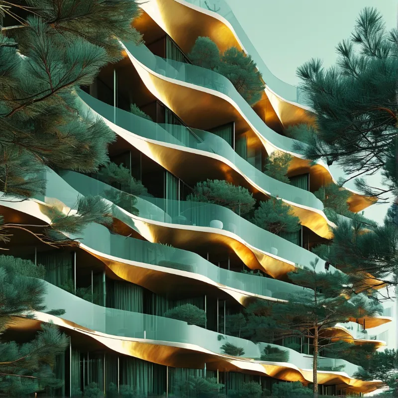 A modern building features wavy glass balconies with golden undersides nestled among tall green pine trees.