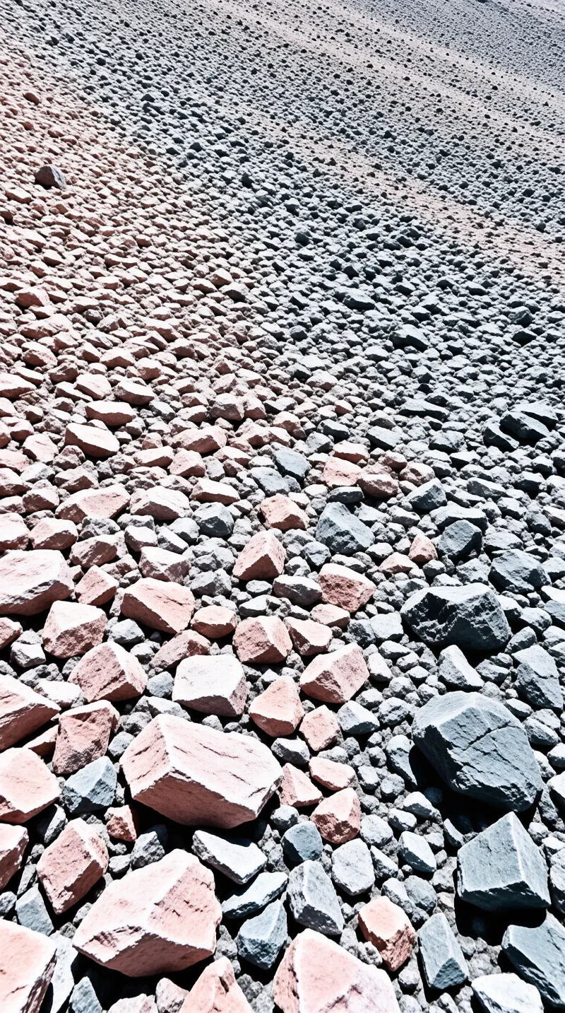 Vast expanse of jagged pink and grey stones covering the barren ground with sharp shadows.