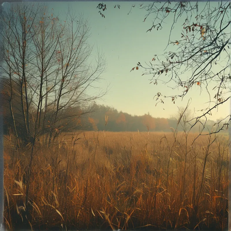 Tall golden grass dominates a field with bare trees framing a hazy horizon under a pale teal sky.