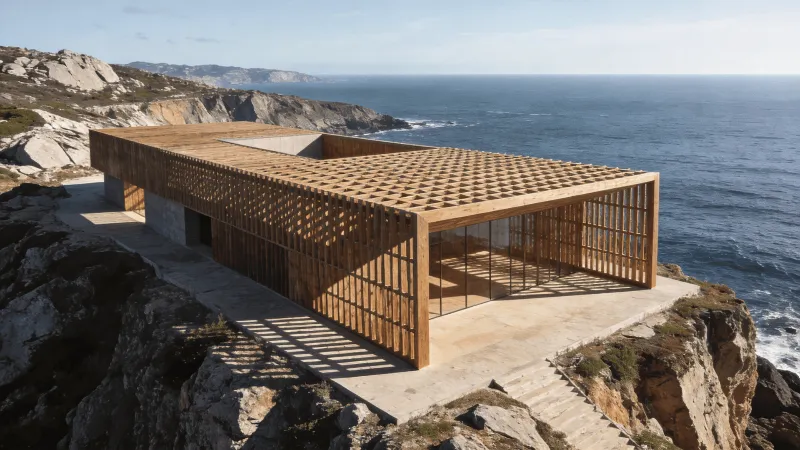 Cultural Center on a Coastal Cliff — Wooden Lattice Pavilion